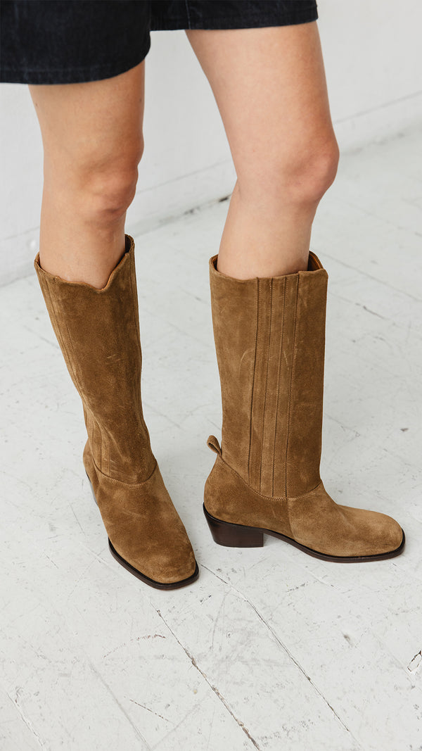 calf boot knee high tall polished italian full grain leather in tobacco tan suede elastic gore