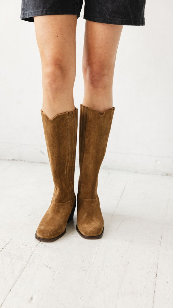 calf boot knee high tall polished italian full grain leather in tobacco tan suede pull on