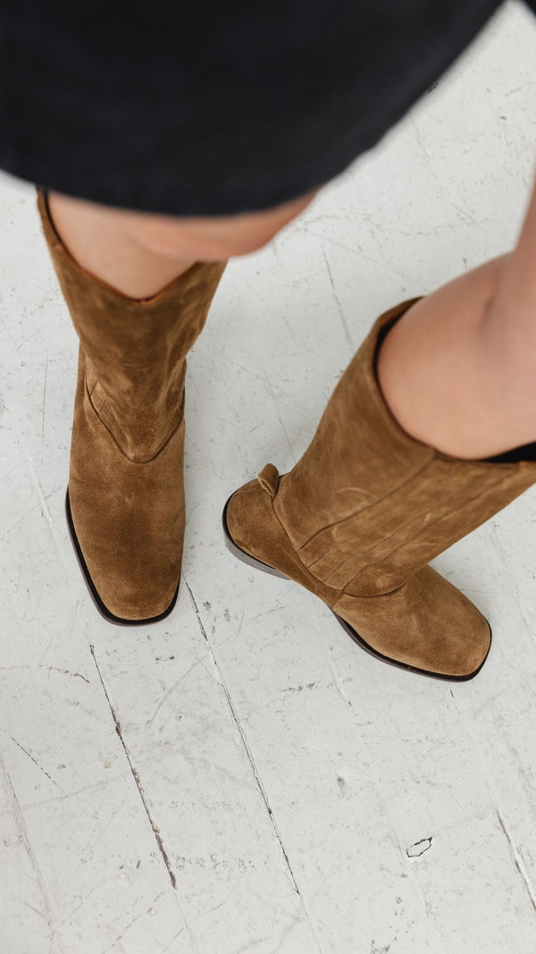 calf boot knee high tall polished italian full grain leather in tobacco tan suede soft square toe