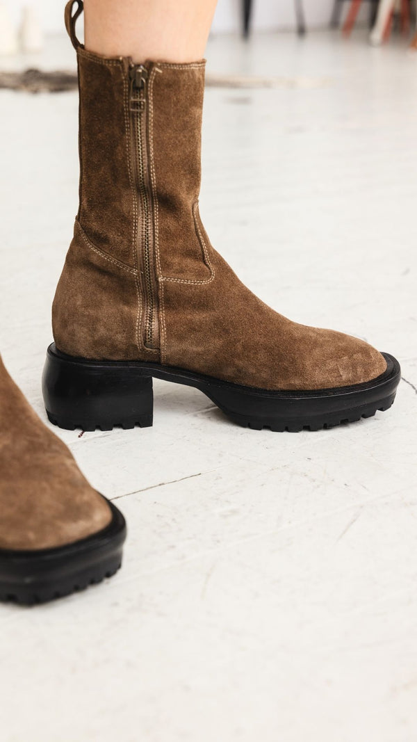 camp boot mid calf chunky lug sole modern combat moss taupe suede inside zip