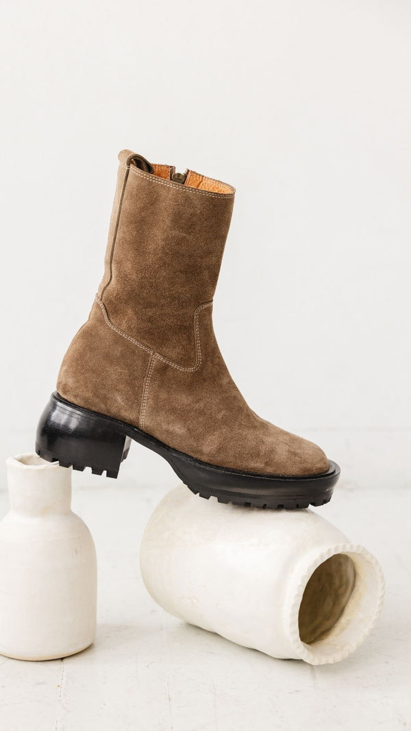 camp boot mid calf chunky lug sole modern combat moss taupe suede premium