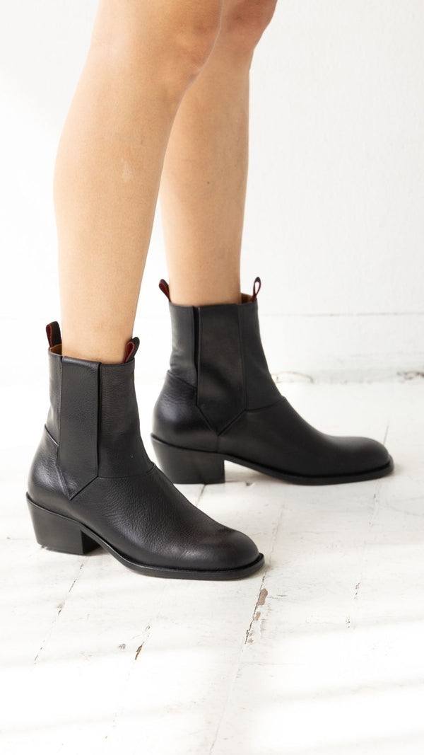 vintage chelsea pull on bootie italian full grain black polished leather pull tabs