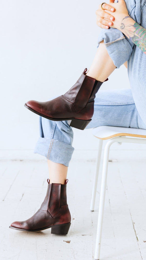 vintage chelsea pull on bootie italian full grain oxblood burgundy leather side view