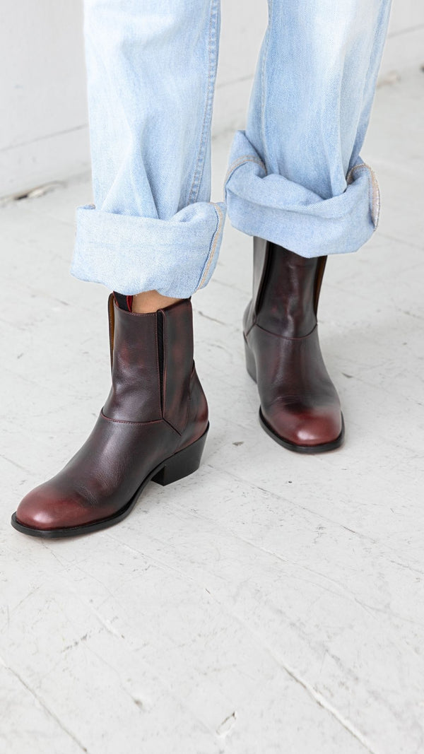 vintage chelsea pull on bootie italian full grain oxblood burgundy leather elastic gore