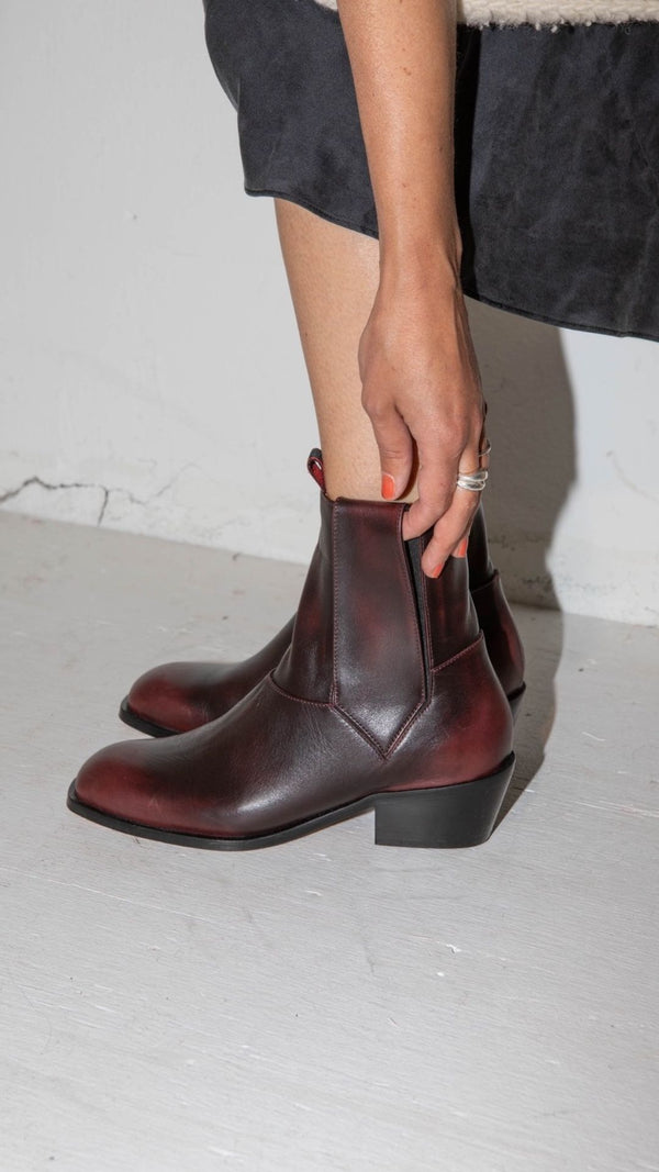 vintage chelsea pull on bootie italian full grain oxblood burgundy leather pull tabs