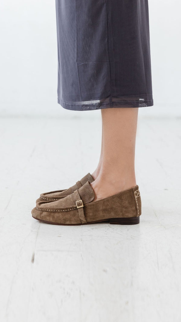 coast loafer slim vintage suede loafer boat shoe moccasin moss taupe buckle side view on foot