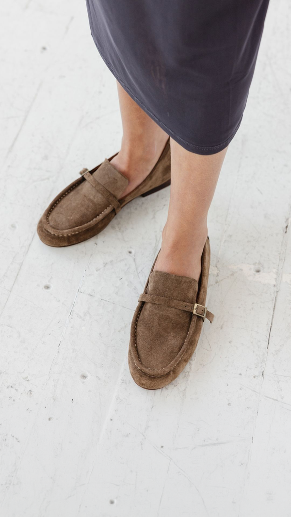 coast loafer slim vintage suede loafer boat shoe moccasin moss taupe buckle top view