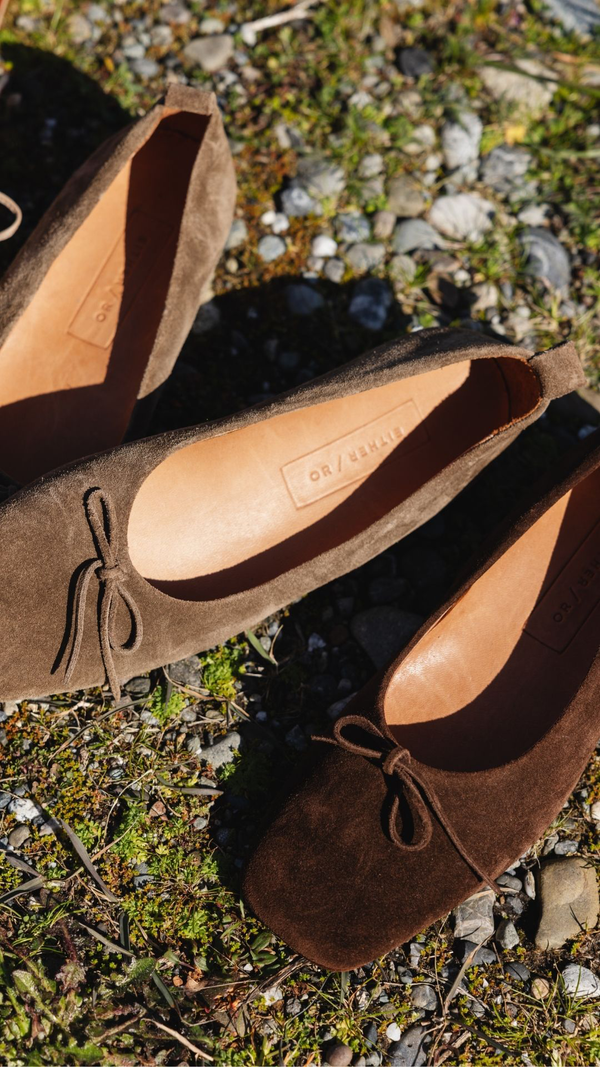 demi ballet chocolate suede square toe comfy ballet flat natural tones