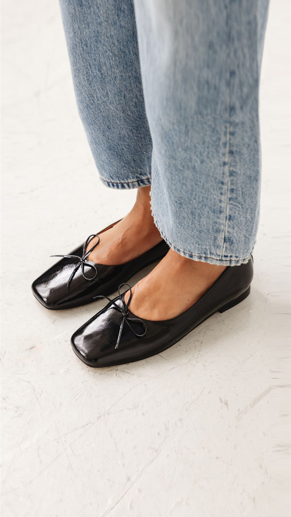 demi ballet black patent leather square toe comfy ballet flat on the foot