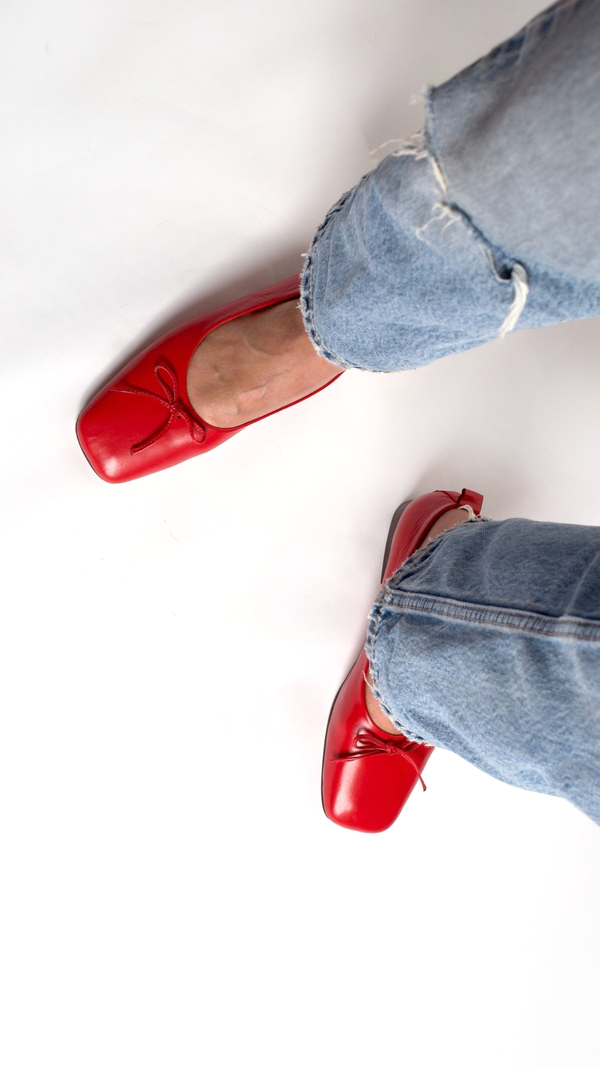 demi ballet flat red cherry comfy square toe with bow top view on foot
