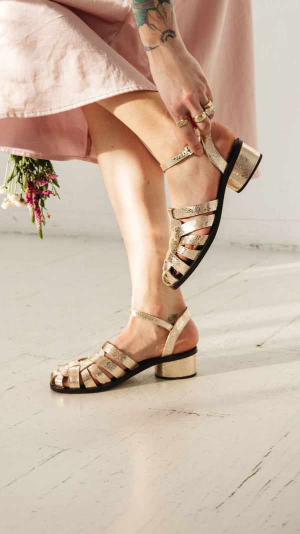 fisher low block heel buckle strap sandal comfortable metallic leather on foot