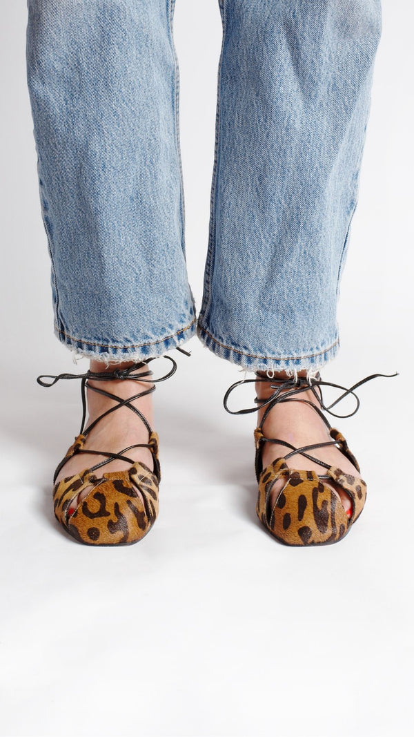 ghillie lace up leopard calf hair flats front view