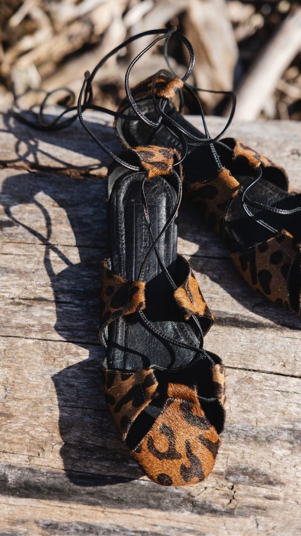 ghillie lace up leopard calf hair flats dress vacation sandal