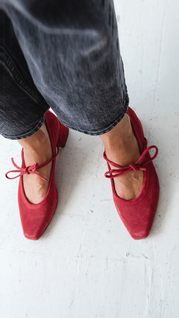 heeled ballet snipped square toe block heel bow tie red suede lace up