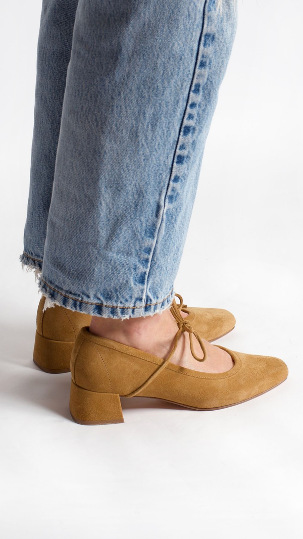 heeled ballet tan lace up bow heel in tan camel suede back view