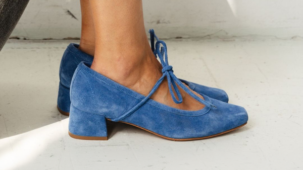 heeled ballet snipped square toe block heel bow tie royal blue suede side view