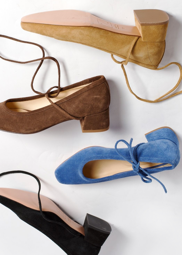 heeled ballet snipped square toe block heel bow tie chocolate brown suede camel