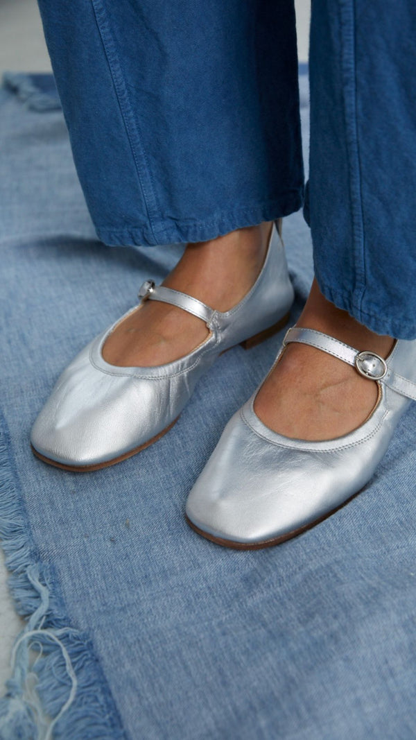 mary jane buckle strap soft square toe leather comfortable ballet flat top view on the foot