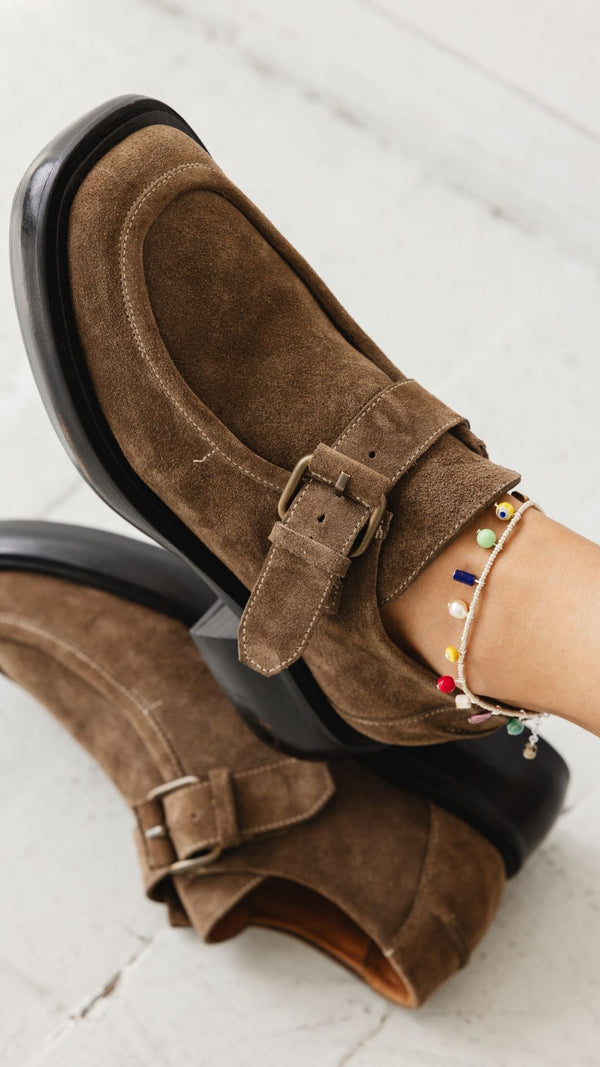 monk strap buckle platform chunky loafer in moss taupe suede vintage