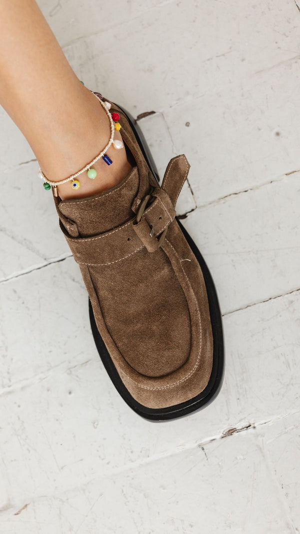 monk strap buckle platform chunky loafer in moss taupe suede toe detail