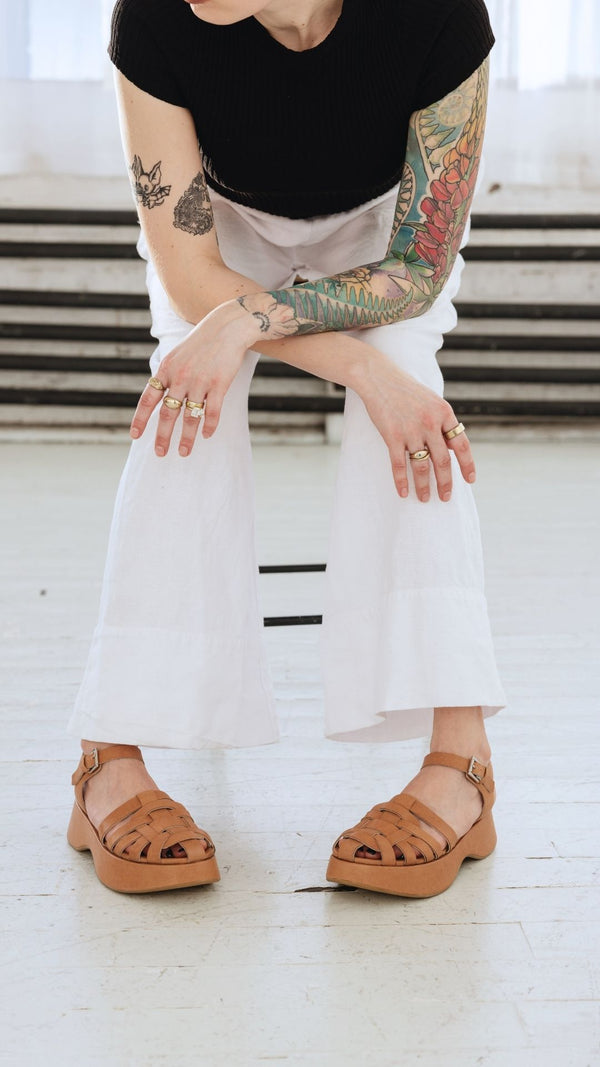 platform fisher tan miel leather sandal with buckle strap front view