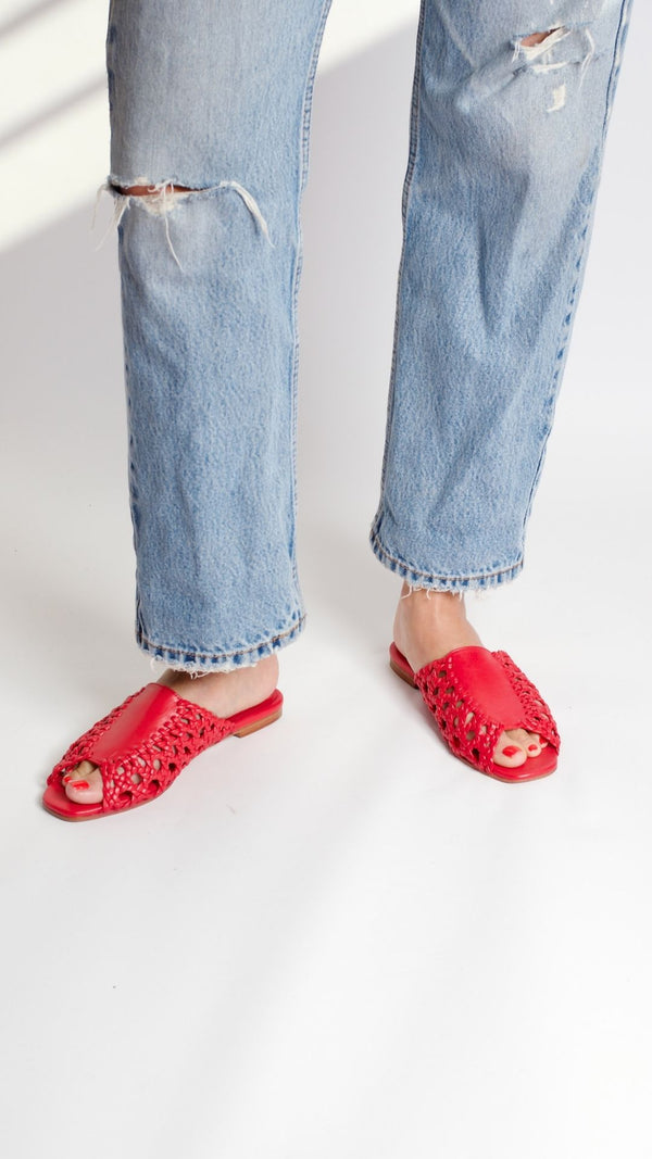 rattan sandal woven basketweave slide sandal in red leather on the foot view