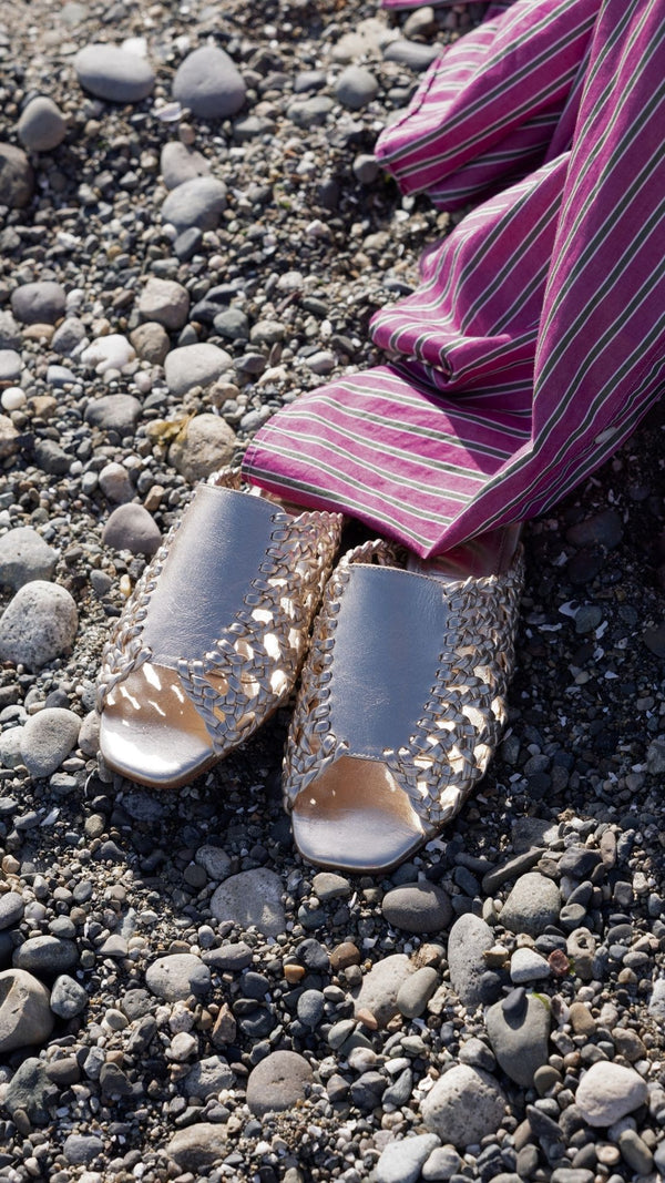rattan sandal woven basketweave slide sandal in gold metallic beach vacation sandal