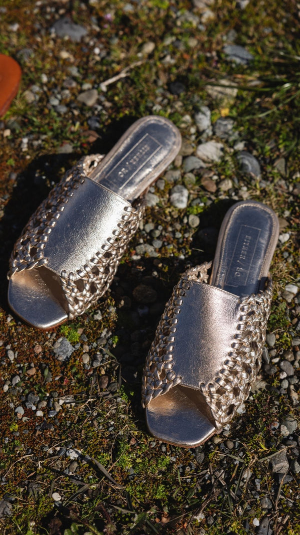 rattan sandal woven basketweave slide sandal in gold metallic top view