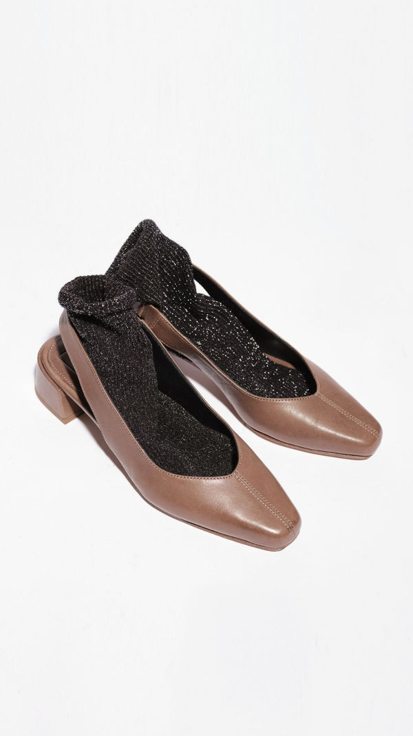 minimalist slingback block heeled pump in cacao leather top view with socks
