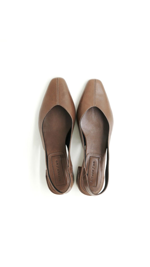 minimalist slingback block heeled pump in cacao leather top view