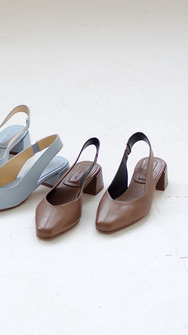 minimalist slingback block heeled pump in cacao leather snipped square toe