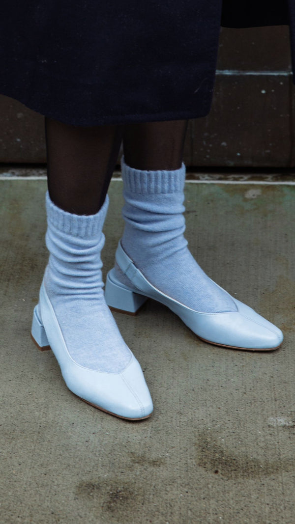 minimalist slingback block heeled pump in sky baby blue leather 90's heels cbk