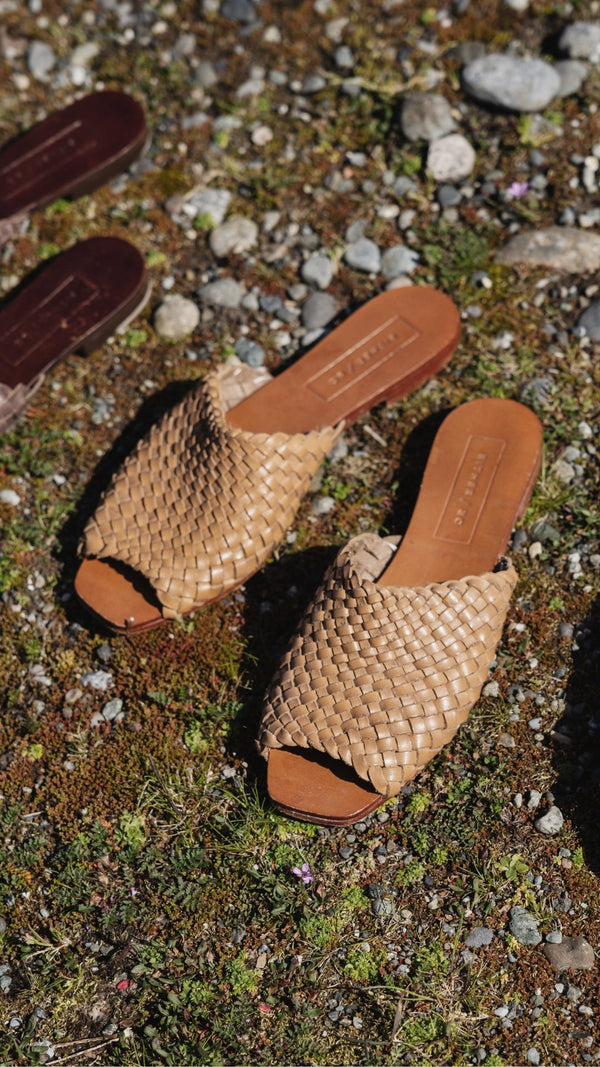either or woven slide natural tan cognac honey leather handmade huarache slip on detail view
