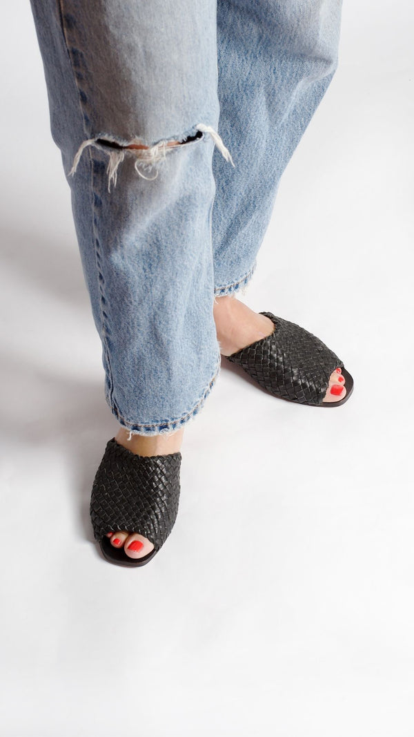 either or woven slide black leather handmade huarache slip on top view on foot