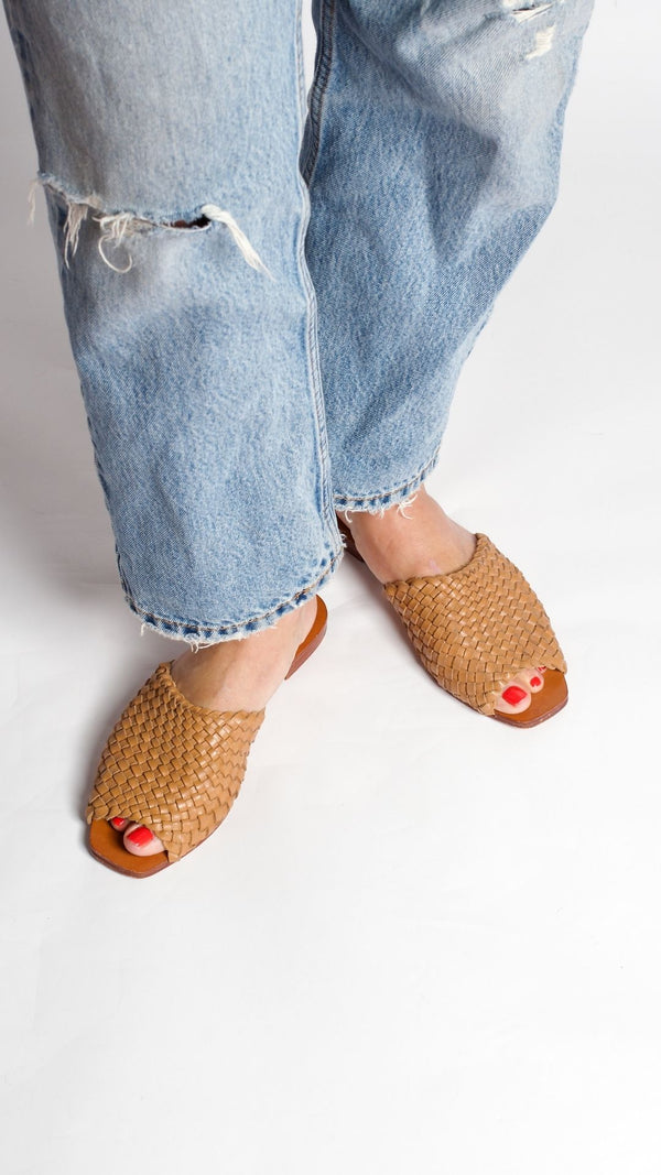 either or woven slide natural tan cognac honey leather handmade huarache slip on square toe