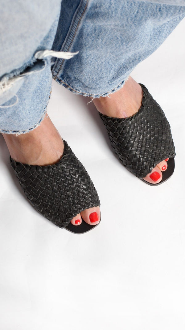 either or woven slide black leather handmade huarache slip on top view