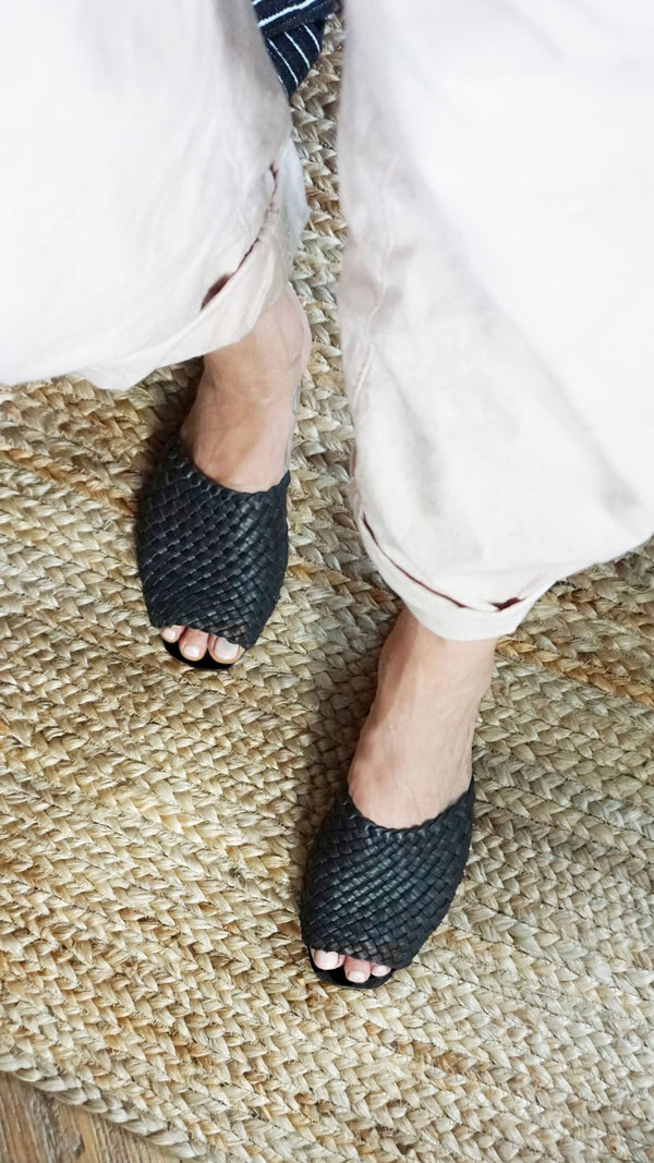either or woven slide black leather handmade huarache slip on minimalist