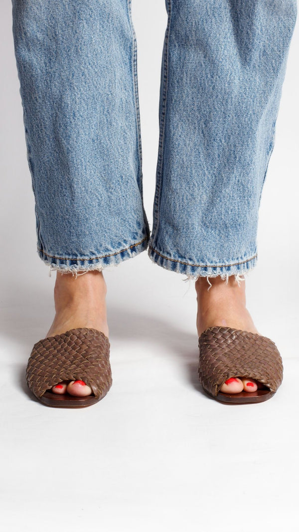 either or woven slide sandal umber front view on foot