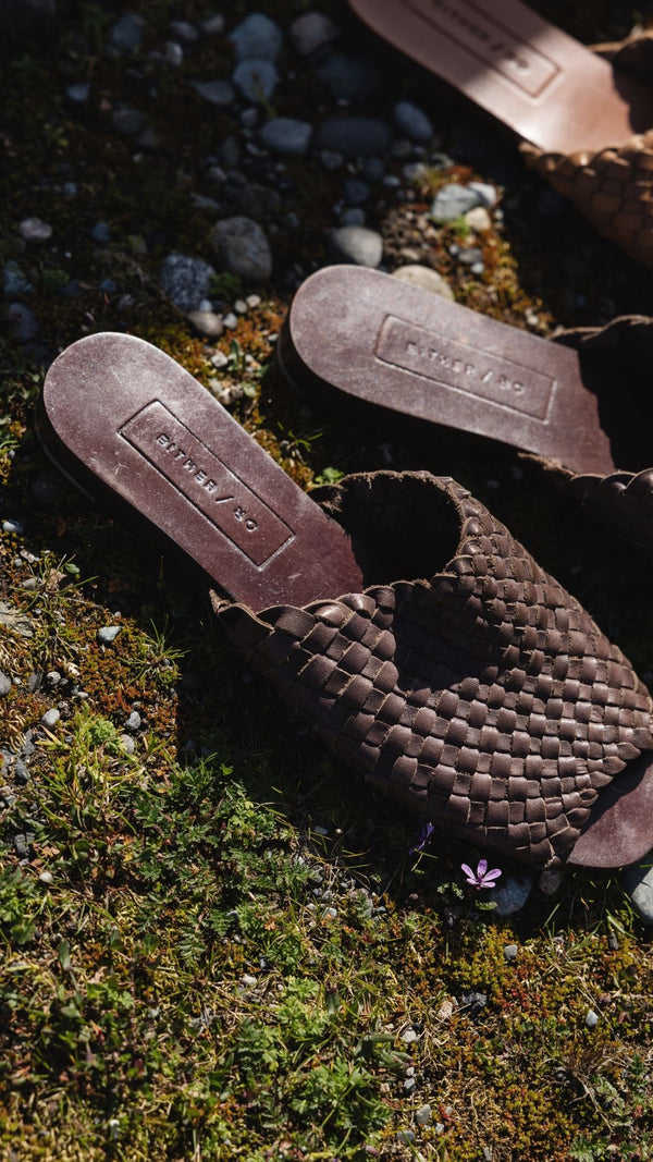 either or woven slide sandal umber leather handwoven artisan