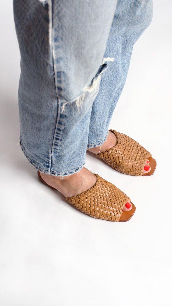 either or woven slide natural tan cognac honey leather handmade huarache slip on foot top view