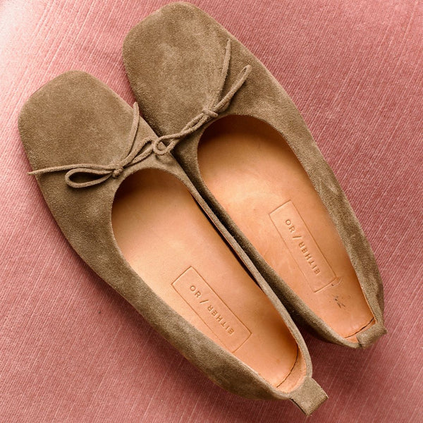 demi ballet moss taupe suede leather square toe comfy ballet flat detail shot