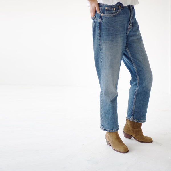 calf boot knee high tall polished italian full grain leather in tobacco tan suede with jeans