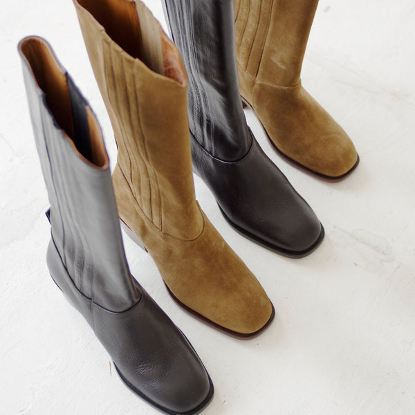 calf boot knee high tall polished italian full grain leather in tobacco tan suede black leather