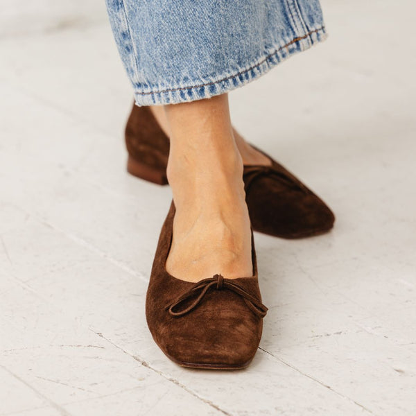 demi ballet chocolate suede square toe comfy ballet flat bow detail