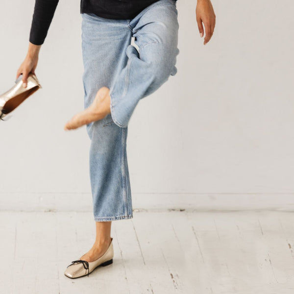demi ballet metallic leather square toe comfy ballet flat on the foot with jeans
