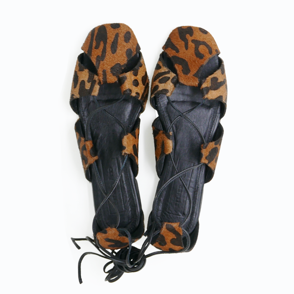 ghillie lace up leopard calf hair flats top down view wedding sandal