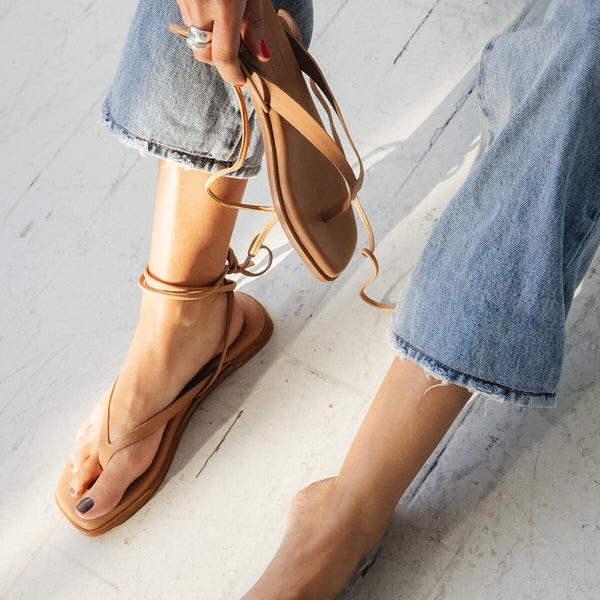 isla minimal leather thong flop flop sandal padded tan nude artisan made