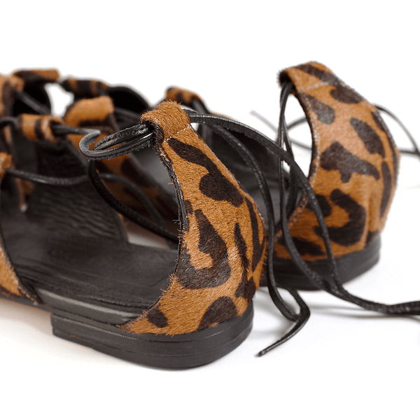 ghillie lace up leopard calf hair flats close up