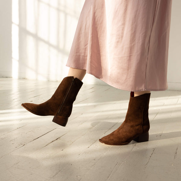 west boot brown chocolate suede block heel western square toe mid boot hand stitched