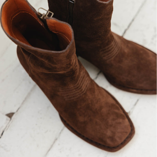 west boot brown chocolate suede block heel western square toe mid boot toe shape square